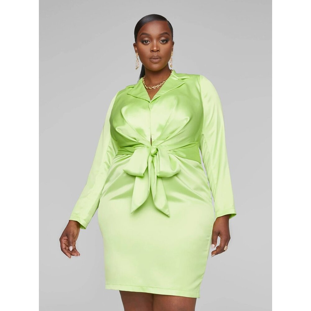 NEW Fashion To Figure Chloe Green Satin Tie Front Shirt Dress Women's 12